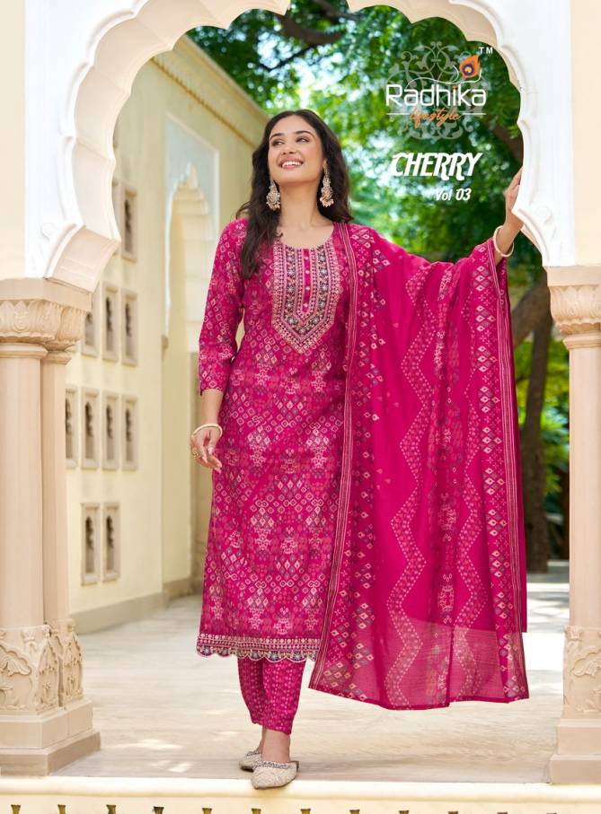 Cherry Vol 3 By Radhika Printed Embroidery Kurti With Bottom Dupatta Wholesale Market In Surat
